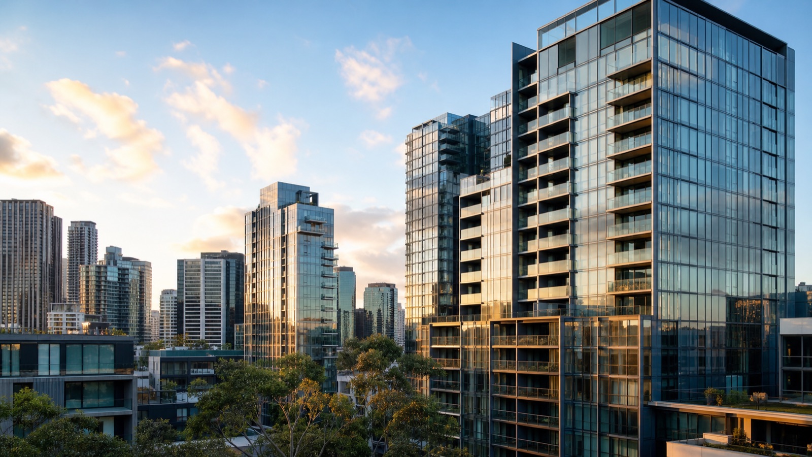 Modern apartment towers in inner Melbourne at golden hour